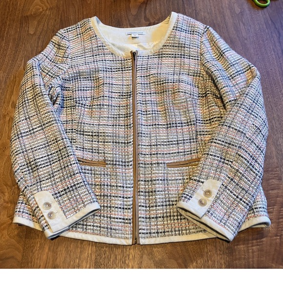 Coldwater Creek Jackets & Blazers - Coldwater Creek Tweed Blazer Jacket Women's Size 14 Tan Multi Color Zipper Front